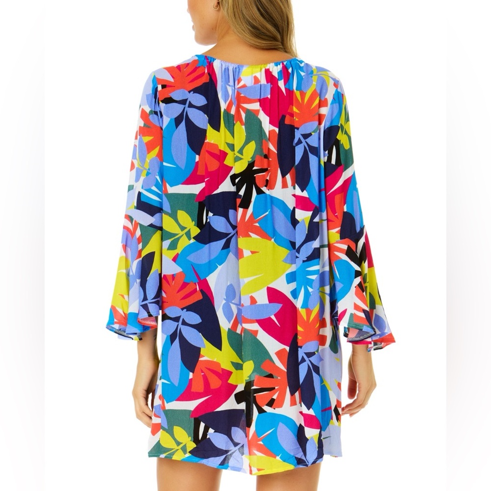 86. Anne Cole Women's Floral Bell-Sleeve Cover-up Tunic - Tropical Foral - Picture 2 of 3